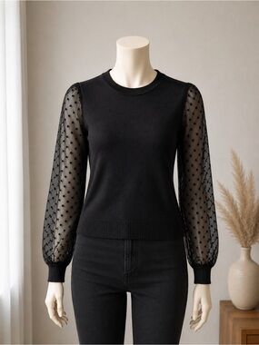 Women’s Black Sweater with Sheer Polka Dot Sleeves – Excellent Condition size M